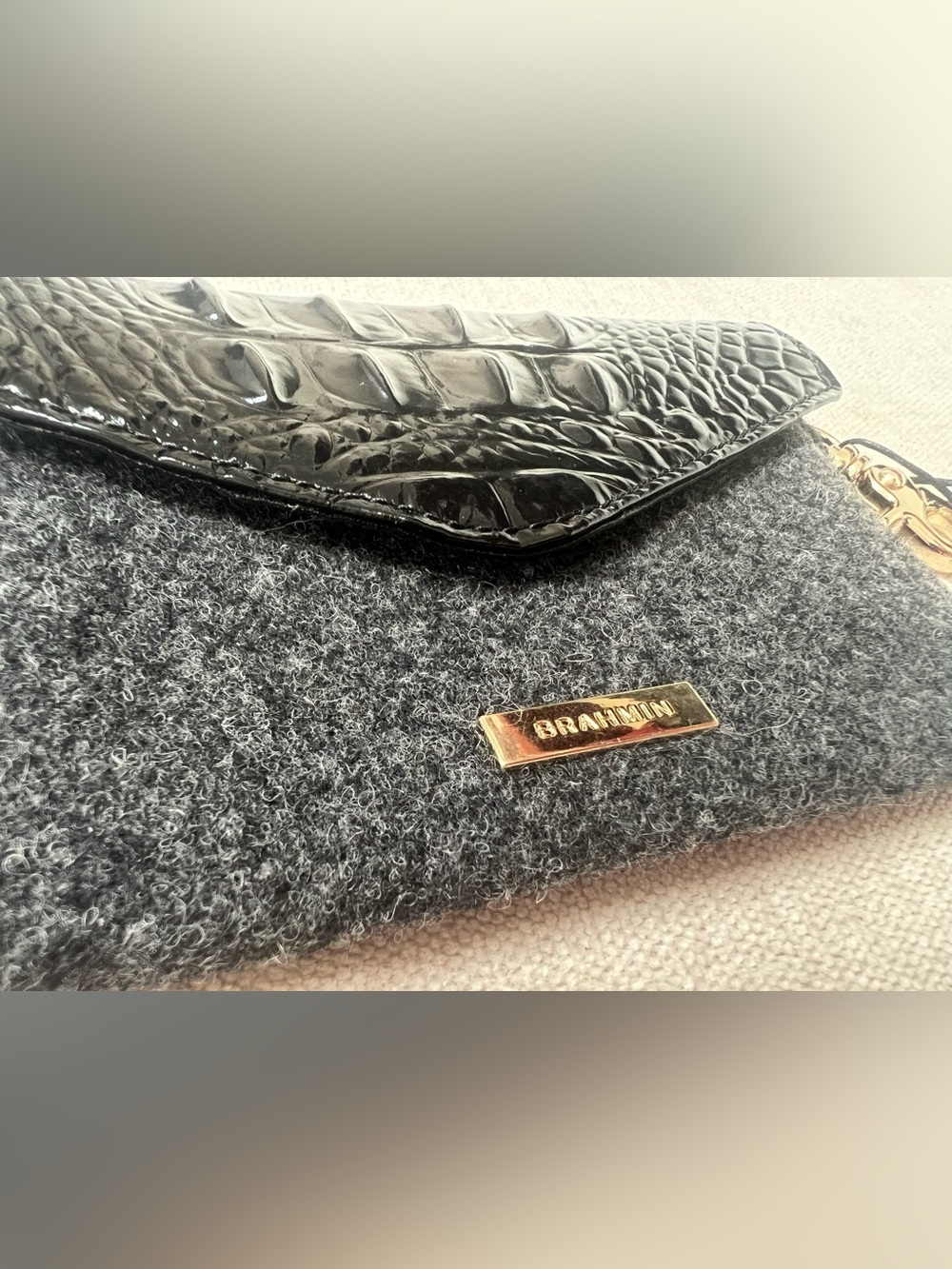 Brahmin Black Wool & Croc-Embossed Leather Envelope Pouch - Picture 2 of 6